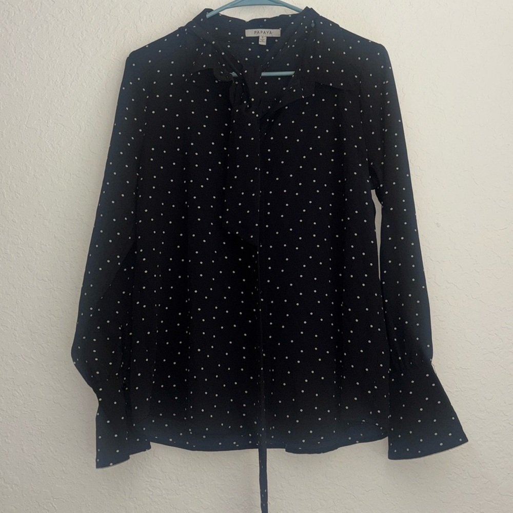 Papaya Black w White Polka Dots Long Sleeve Button Down Shirt w neck tie small